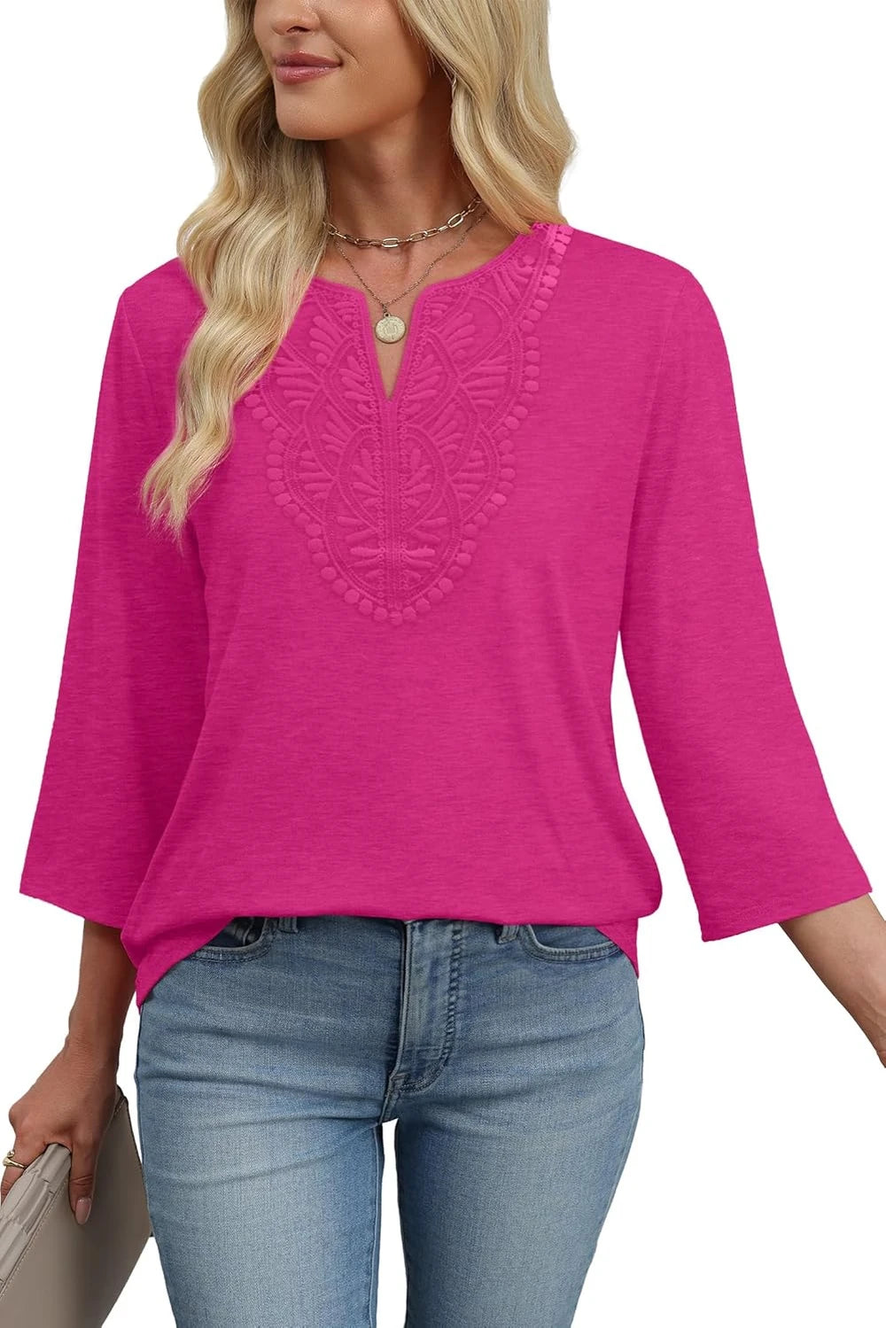 3/4 Sleeve Lace V-Neck Blouse