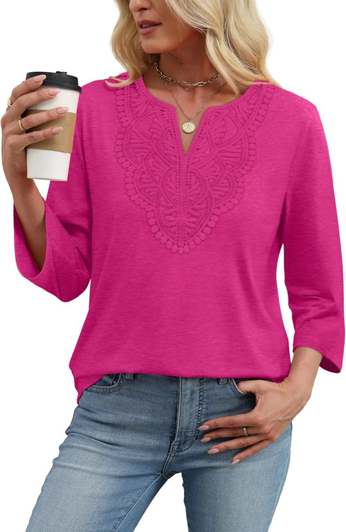 3/4 Sleeve Lace V-Neck Blouse