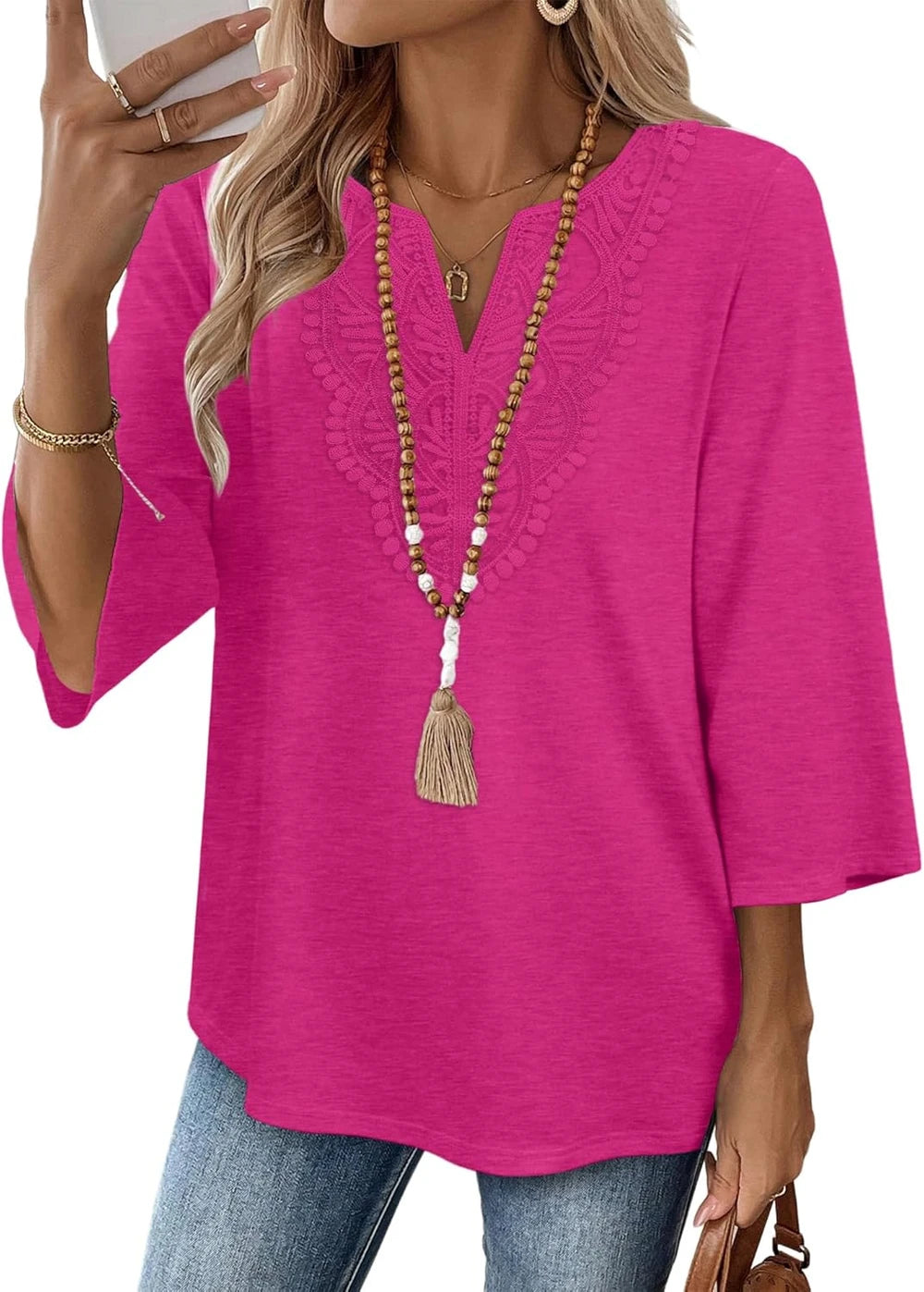 3/4 Sleeve Lace V-Neck Blouse