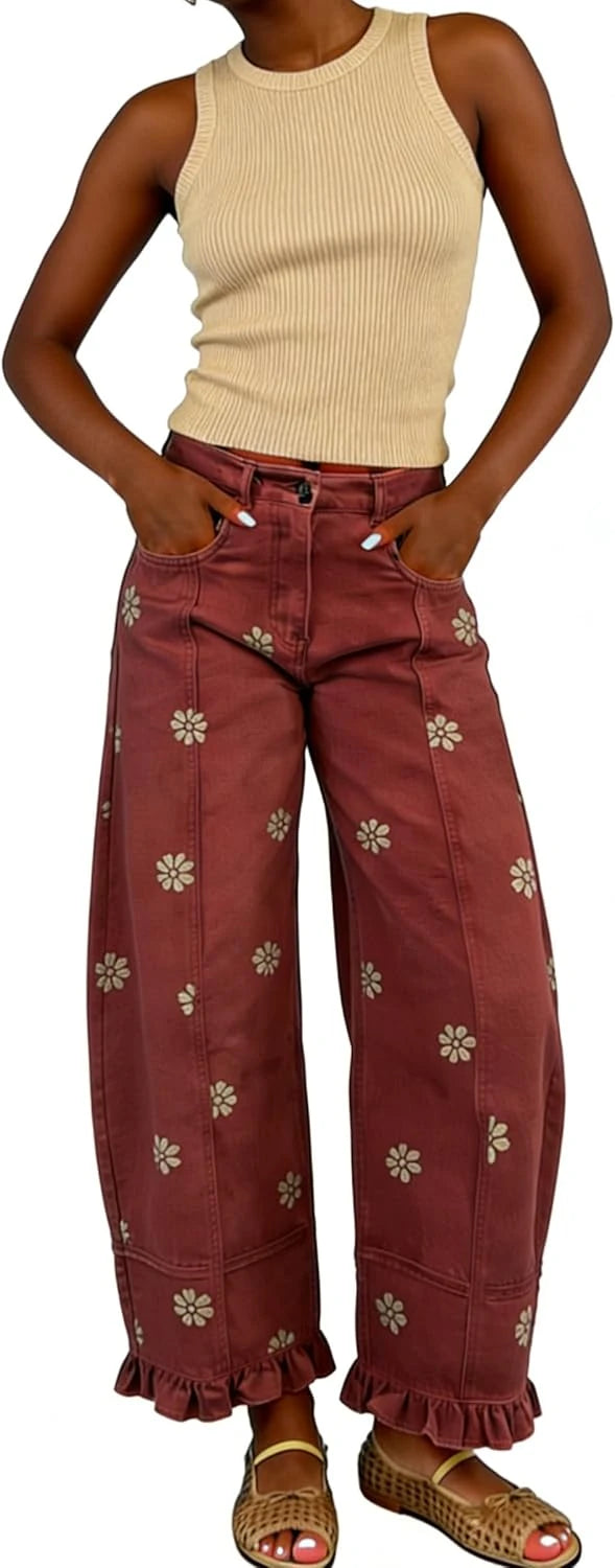 Floral Patchwork Barrel Jeans